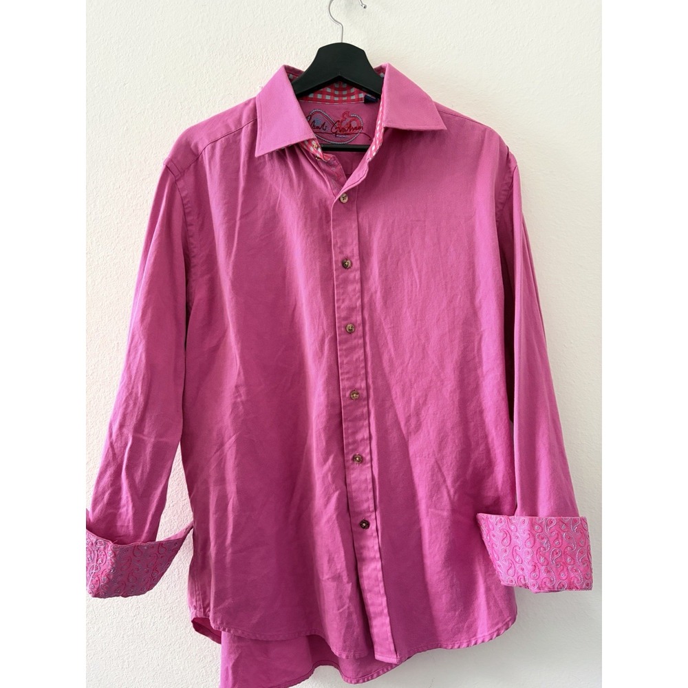 Robert Graham Mens Large L Button Down Shirt Pink Paisley Contrast Cuffs Gingham